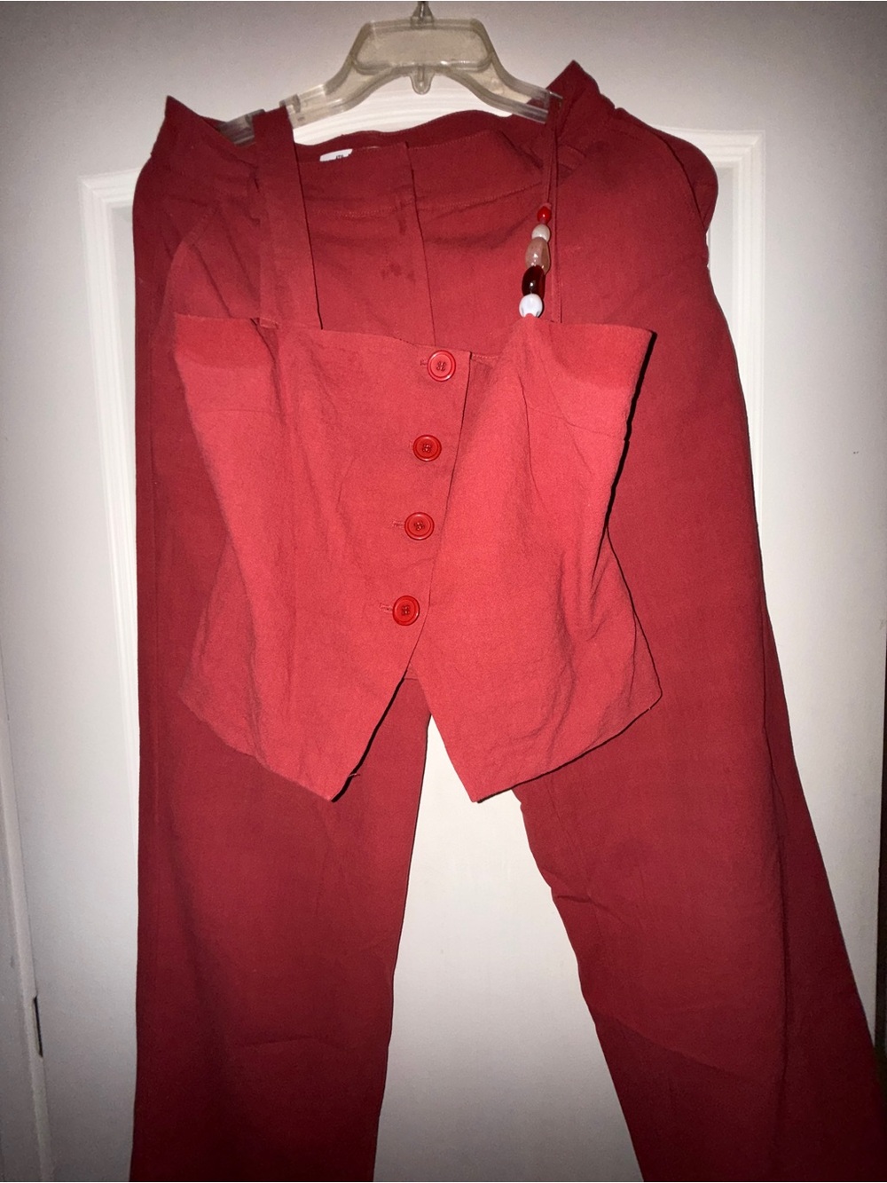 Red Women's Linen Blend High-Waist Pants with crop vested top set